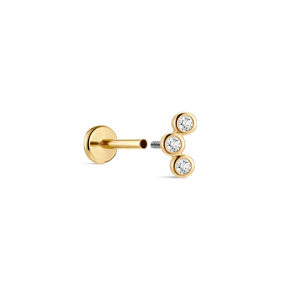 14K Gold Triple Round Bezel-Set CZ Titanium Internally Threaded Flat Back Cartilage Stud | Hypoallergenic Piercing Jewelry