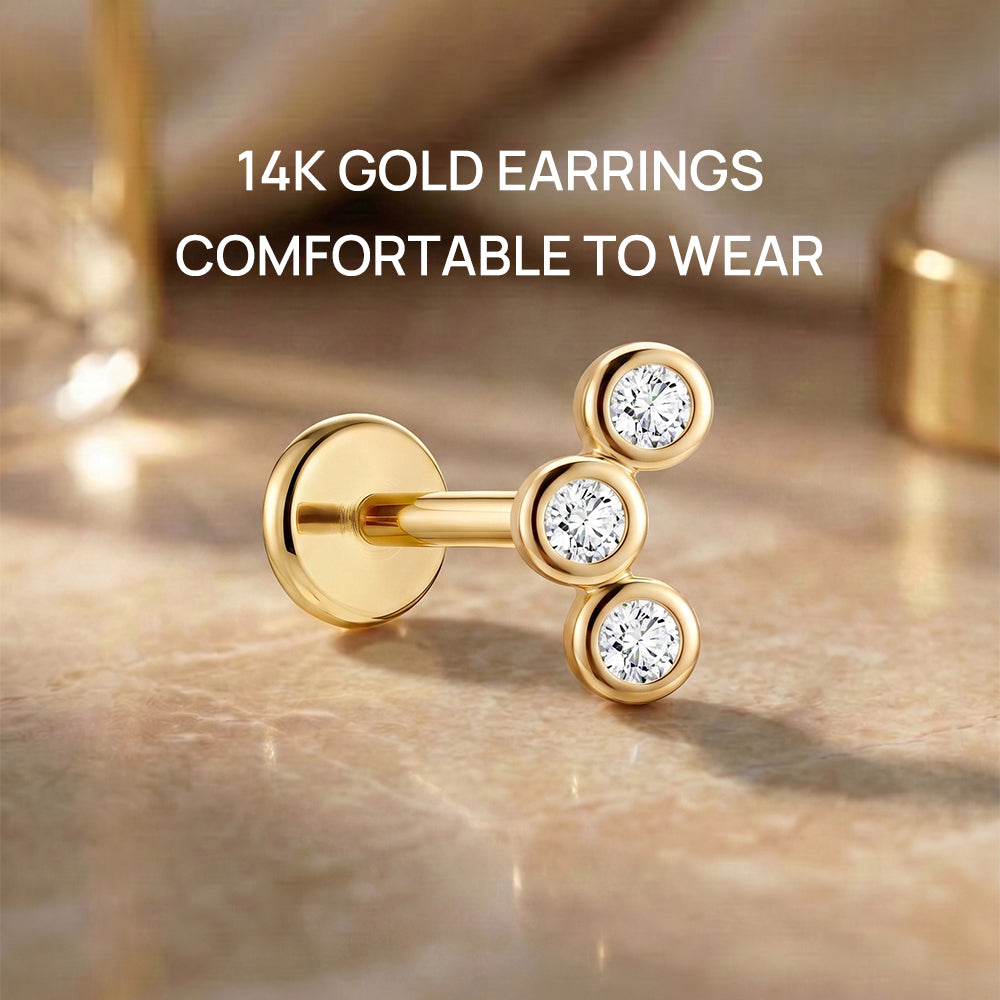 14K Gold Triple Round Bezel-Set CZ Titanium Internally Threaded Flat Back Cartilage Stud | Hypoallergenic Piercing Jewelry