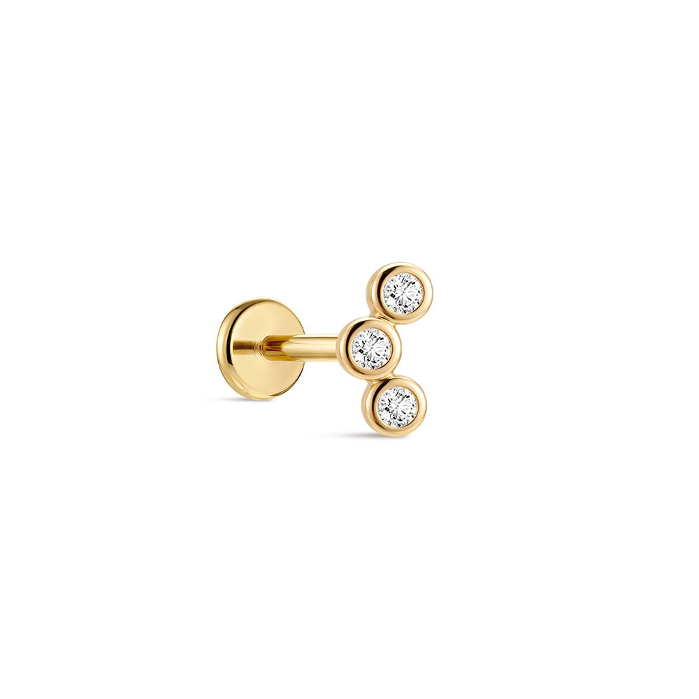 14K Gold Triple Round Bezel-Set CZ Titanium Internally Threaded Flat Back Cartilage Stud | Hypoallergenic Piercing Jewelry