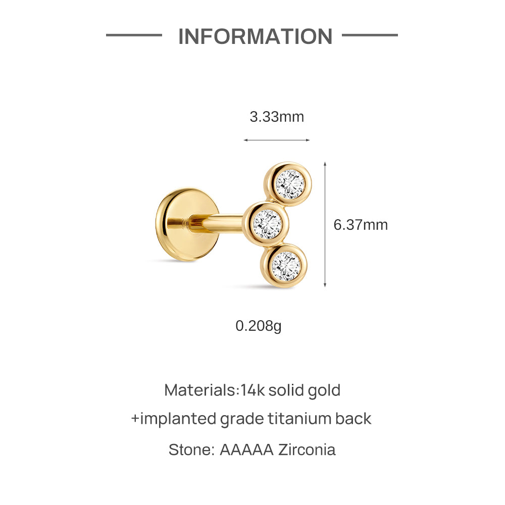 14K Gold Triple Round Bezel-Set CZ Titanium Internally Threaded Flat Back Cartilage Stud | Hypoallergenic Piercing Jewelry