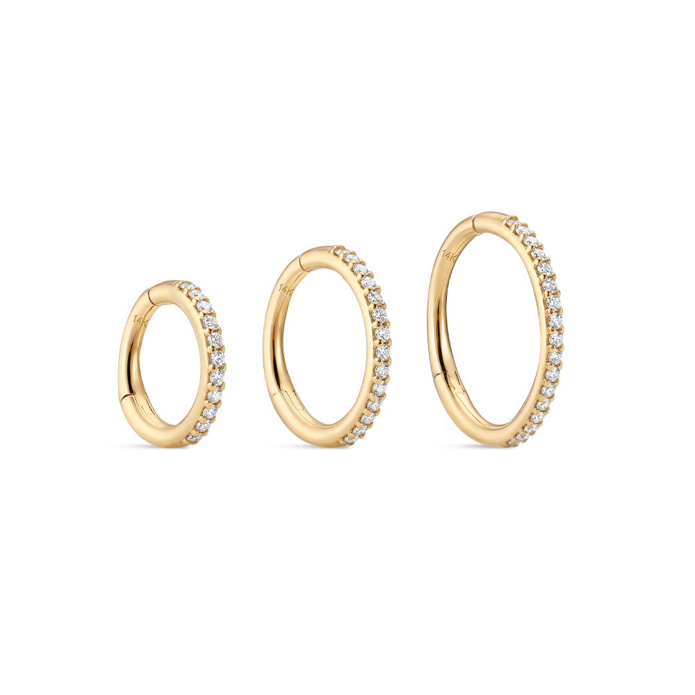 14K Gold Classic Single Row CZ Titanium Internally Threaded Cartilage Clicker Hoop | Hypoallergenic Piercing Jewelry