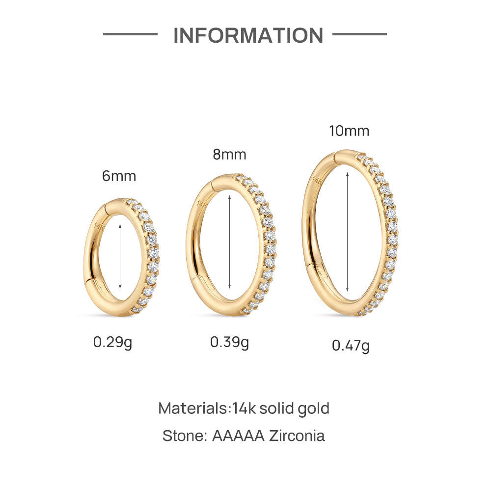 14K Gold Classic Single Row CZ Titanium Internally Threaded Cartilage Clicker Hoop | Hypoallergenic Piercing Jewelry