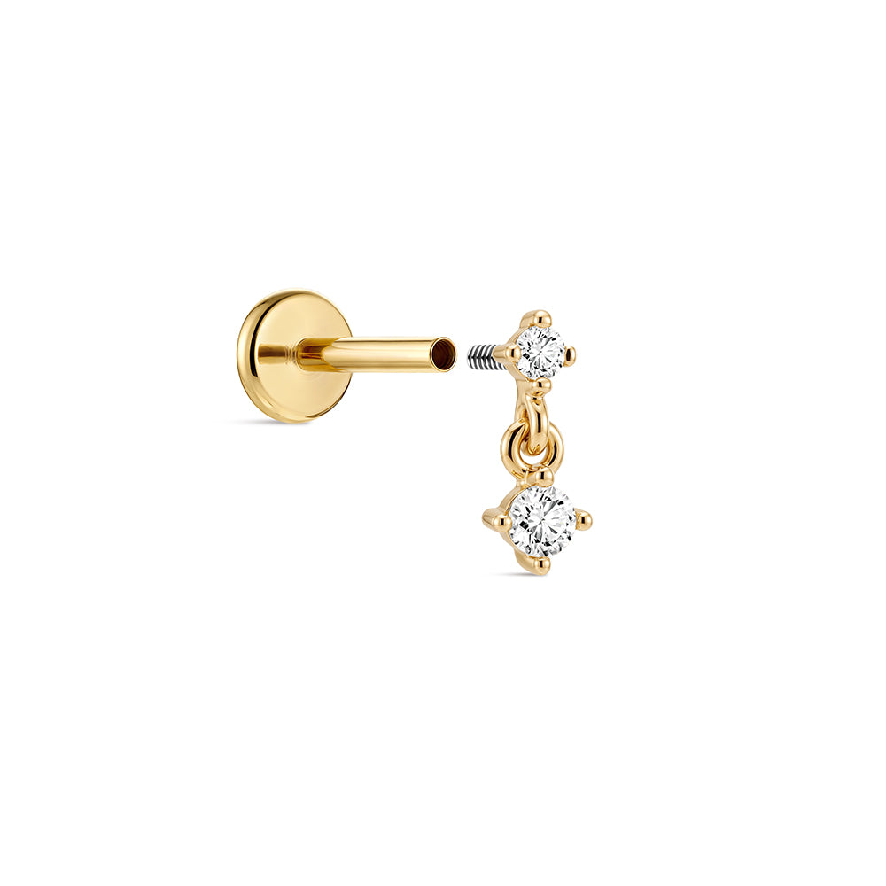 14K Gold Classic Graduated CZ Duo Titanium Internally Threaded Flat Back Cartilage Stud | Hypoallergenic Piercing Jewelry