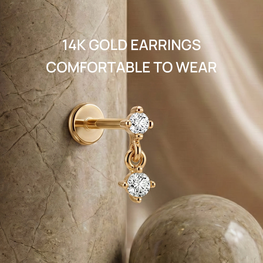 14K Gold Classic Graduated CZ Duo Titanium Internally Threaded Flat Back Cartilage Stud | Hypoallergenic Piercing Jewelry