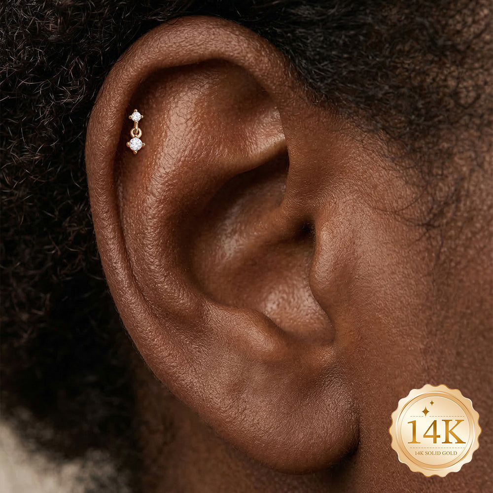 14K Gold Classic Graduated CZ Duo Titanium Internally Threaded Flat Back Cartilage Stud | Hypoallergenic Piercing Jewelry