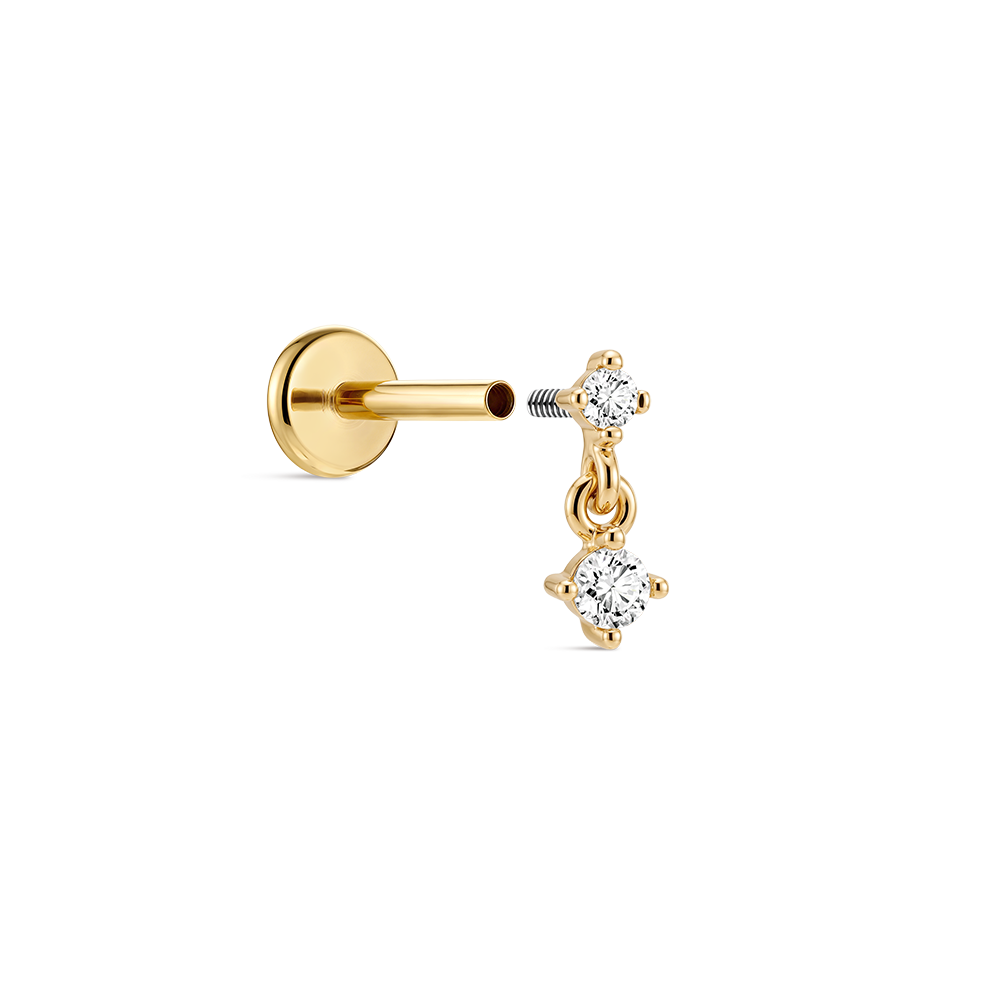 14K Gold Classic Graduated CZ Duo Titanium Internally Threaded Flat Back Cartilage Stud | Hypoallergenic Piercing Jewelry