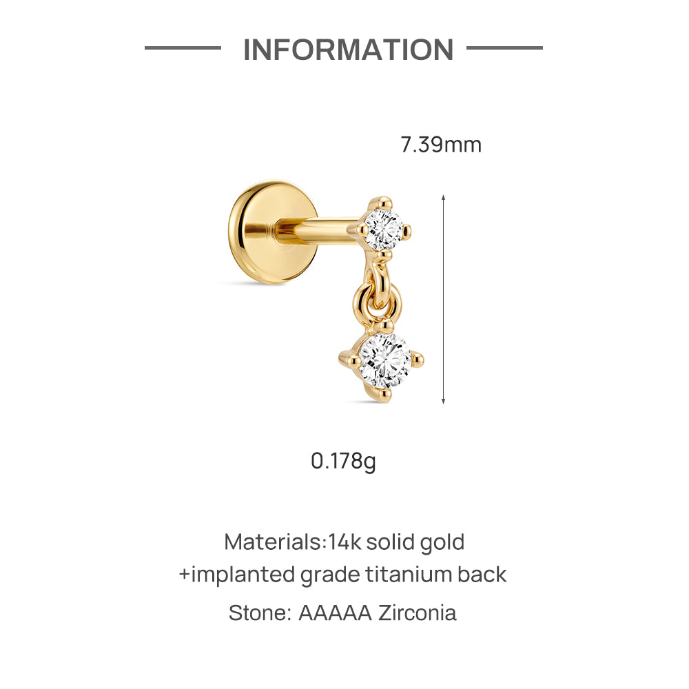 14K Gold Classic Graduated CZ Duo Titanium Internally Threaded Flat Back Cartilage Stud | Hypoallergenic Piercing Jewelry
