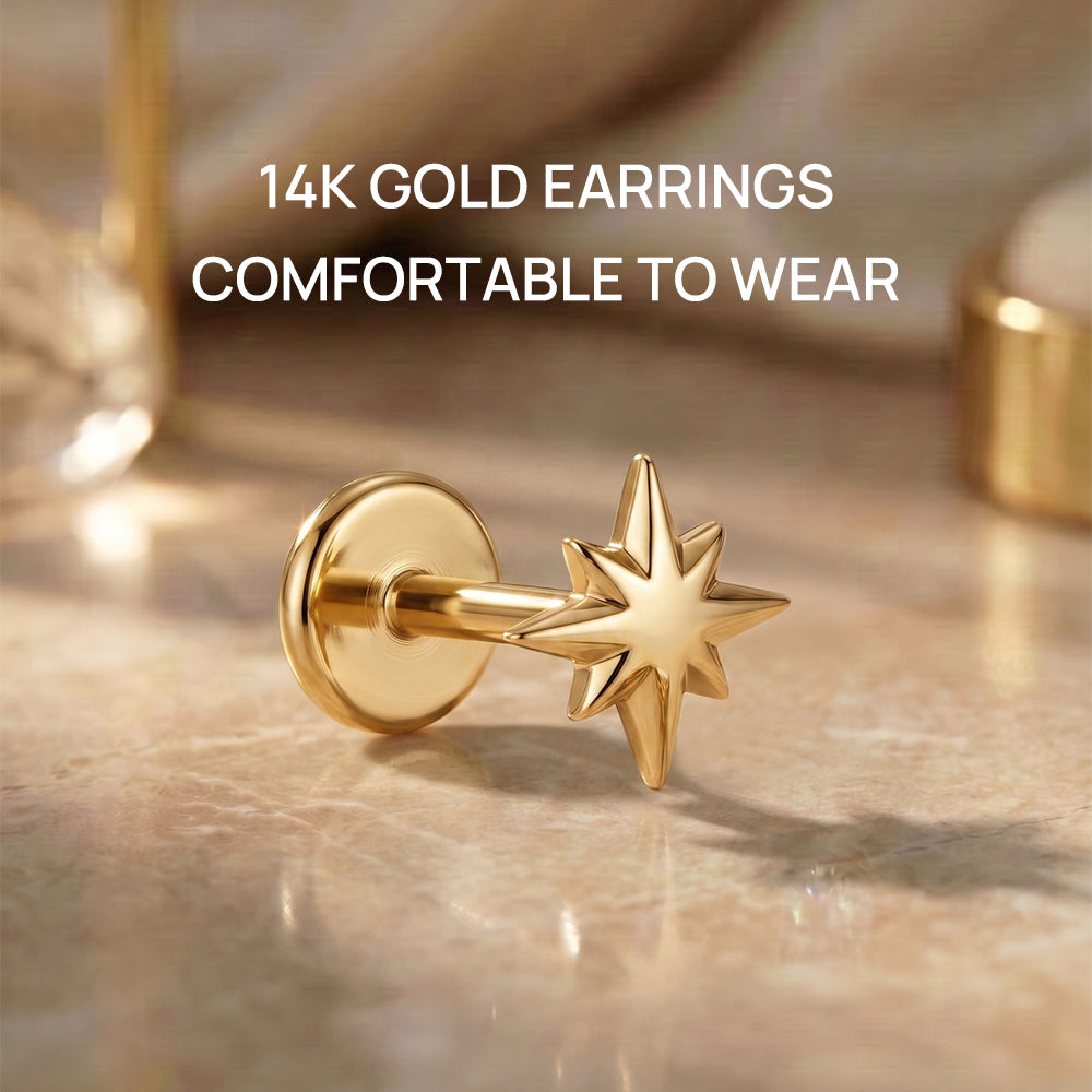 14K Gold Mini Polished Eight-Pointed Star Titanium Internally Threaded Flat Back Cartilage Stud | Hypoallergenic Piercing Jewelry