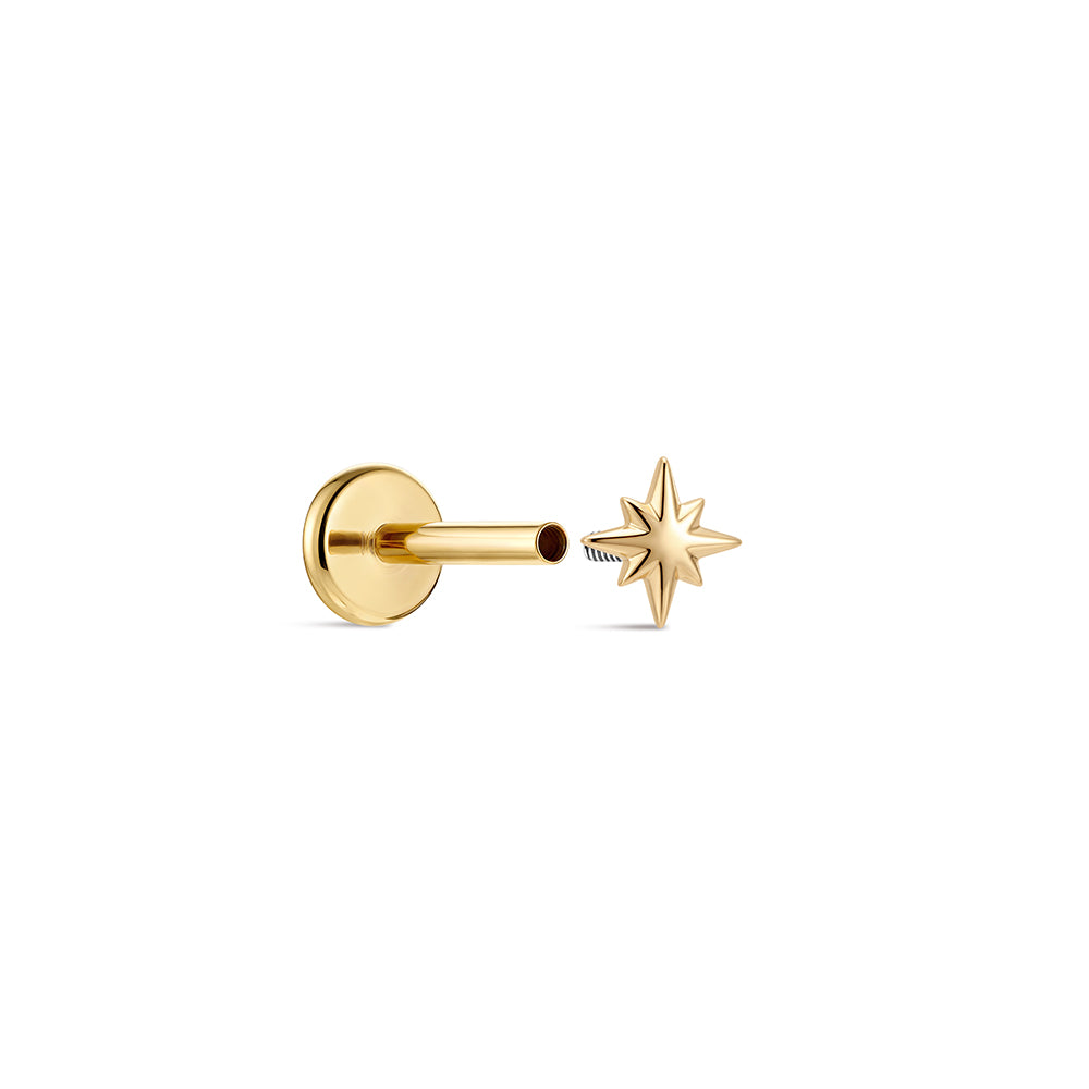 14K Gold Mini Polished Eight-Pointed Star Titanium Internally Threaded Flat Back Cartilage Stud | Hypoallergenic Piercing Jewelry