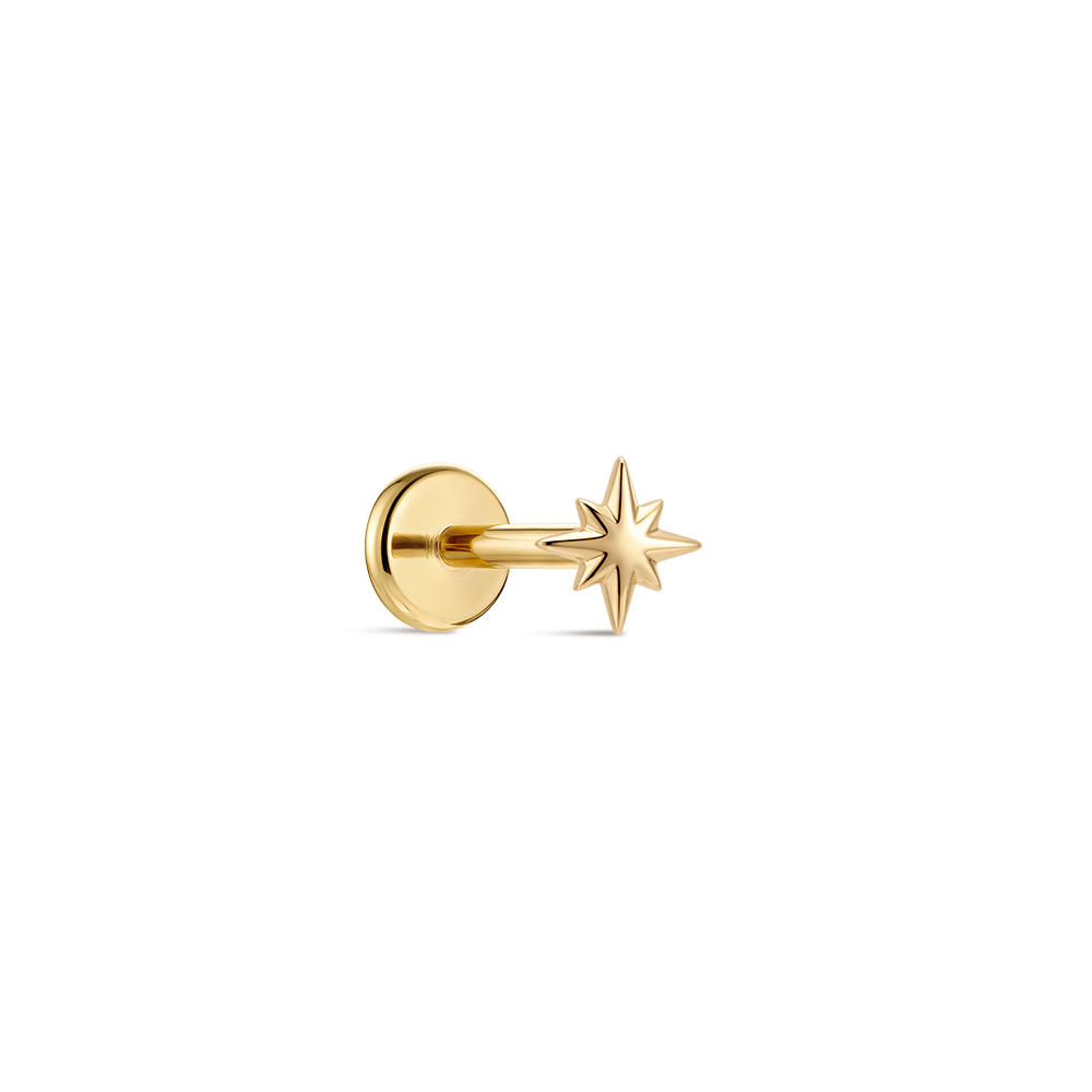 14K Gold Mini Polished Eight-Pointed Star Titanium Internally Threaded Flat Back Cartilage Stud | Hypoallergenic Piercing Jewelry