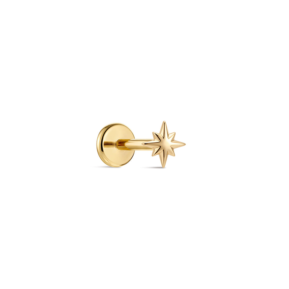 14K Gold Mini Polished Eight-Pointed Star Titanium Internally Threaded Flat Back Cartilage Stud | Hypoallergenic Piercing Jewelry