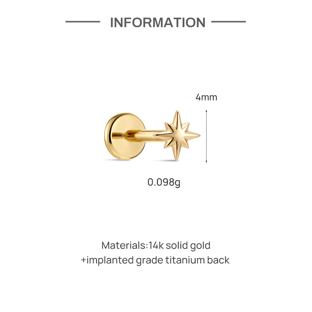 14K Gold Mini Polished Eight-Pointed Star Titanium Internally Threaded Flat Back Cartilage Stud | Hypoallergenic Piercing Jewelry