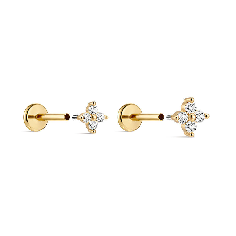 14K Gold Four-Petal Flower CZ Titanium Internally Threaded Flat Back Cartilage Stud | Hypoallergenic Piercing Jewelry