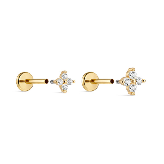 14K Gold Four-Petal Flower CZ Titanium Internally Threaded Flat Back Cartilage Stud | Hypoallergenic Piercing Jewelry