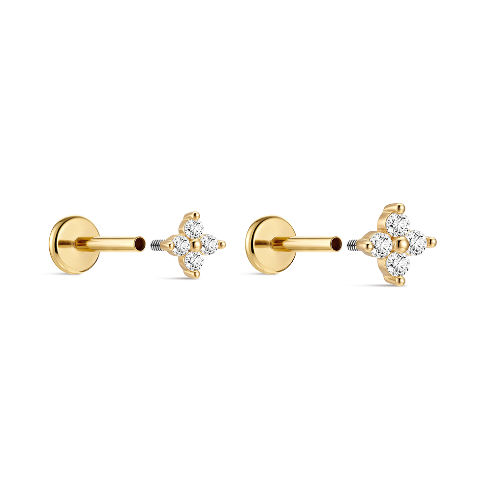 14K Gold Four-Petal Flower CZ Titanium Internally Threaded Flat Back Cartilage Stud | Hypoallergenic Piercing Jewelry