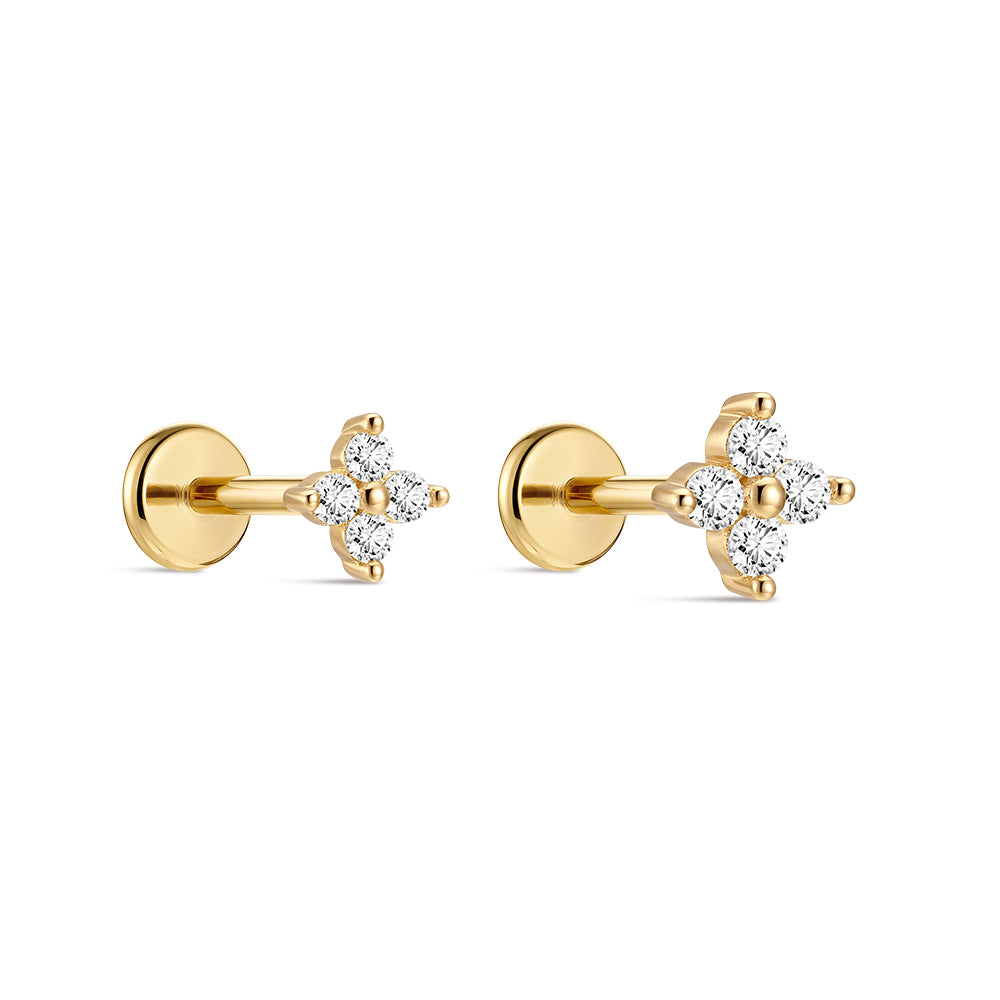 14K Gold Four-Petal Flower CZ Titanium Internally Threaded Flat Back Cartilage Stud | Hypoallergenic Piercing Jewelry