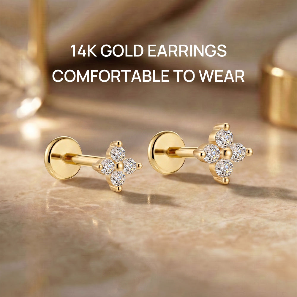 14K Gold Four-Petal Flower CZ Titanium Internally Threaded Flat Back Cartilage Stud | Hypoallergenic Piercing Jewelry