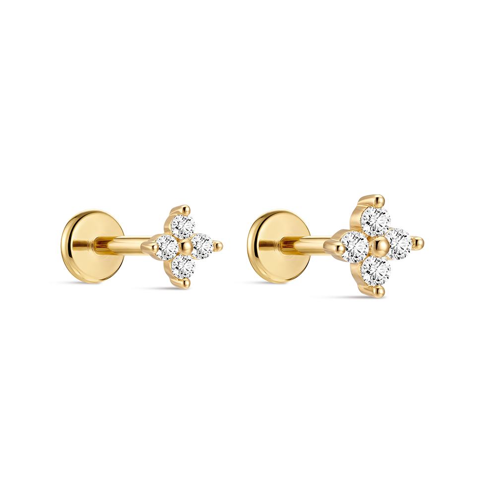 14K Gold Four-Petal Flower CZ Titanium Internally Threaded Flat Back Cartilage Stud | Hypoallergenic Piercing Jewelry