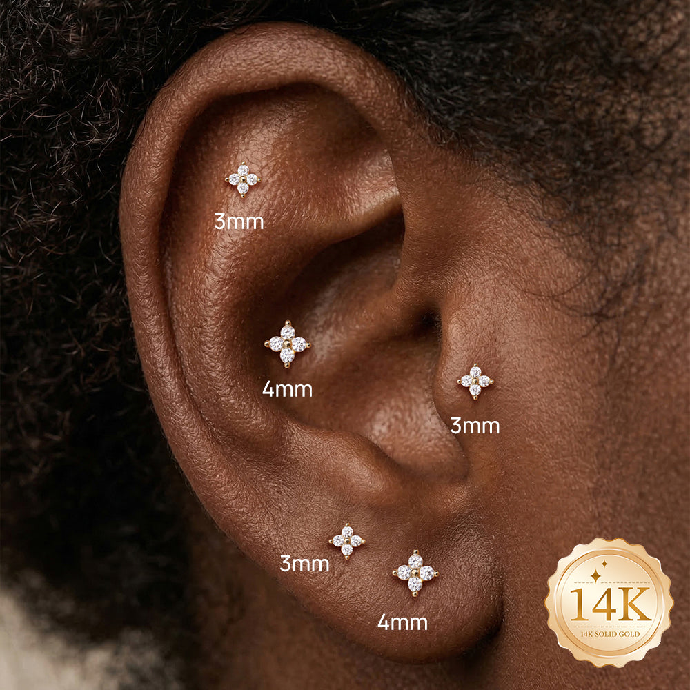 14K Gold Four-Petal Flower CZ Titanium Internally Threaded Flat Back Cartilage Stud | Hypoallergenic Piercing Jewelry