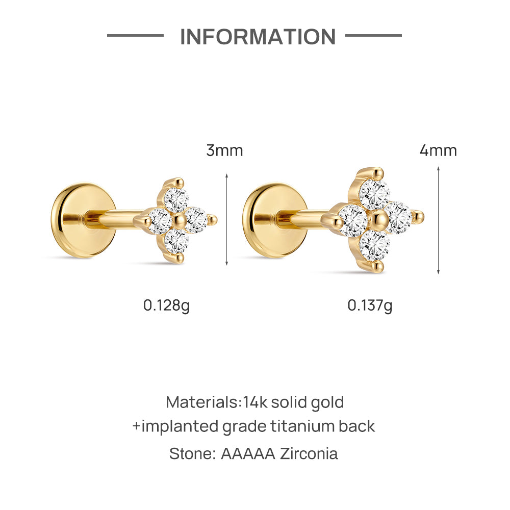 14K Gold Four-Petal Flower CZ Titanium Internally Threaded Flat Back Cartilage Stud | Hypoallergenic Piercing Jewelry