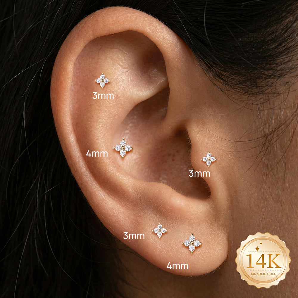 14K Gold Four-Petal Flower CZ Titanium Internally Threaded Flat Back Cartilage Stud | Hypoallergenic Piercing Jewelry