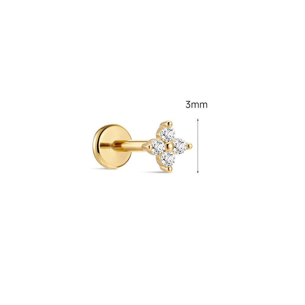 14K Gold Four-Petal Flower CZ Titanium Internally Threaded Flat Back Cartilage Stud | Hypoallergenic Piercing Jewelry