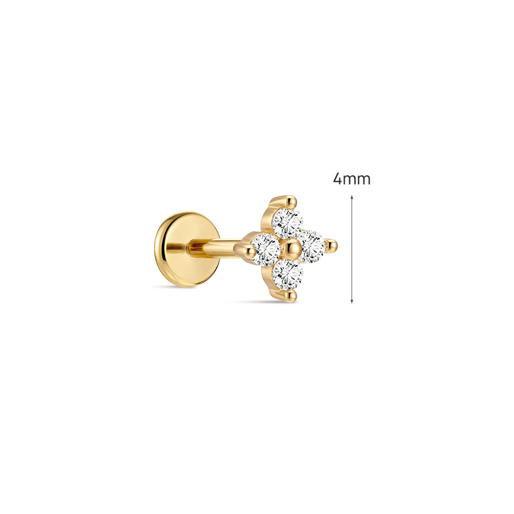 14K Gold Four-Petal Flower CZ Titanium Internally Threaded Flat Back Cartilage Stud | Hypoallergenic Piercing Jewelry