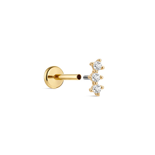 14K Gold Classic Triple Linear CZ Titanium Internally Threaded Flat Back Cartilage Stud | Hypoallergenic Piercing Jewelry