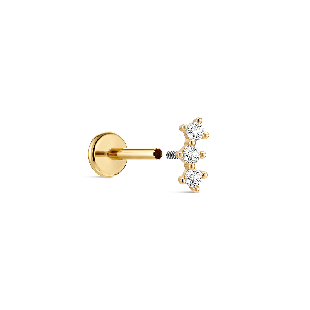 14K Gold Classic Triple Linear CZ Titanium Internally Threaded Flat Back Cartilage Stud | Hypoallergenic Piercing Jewelry