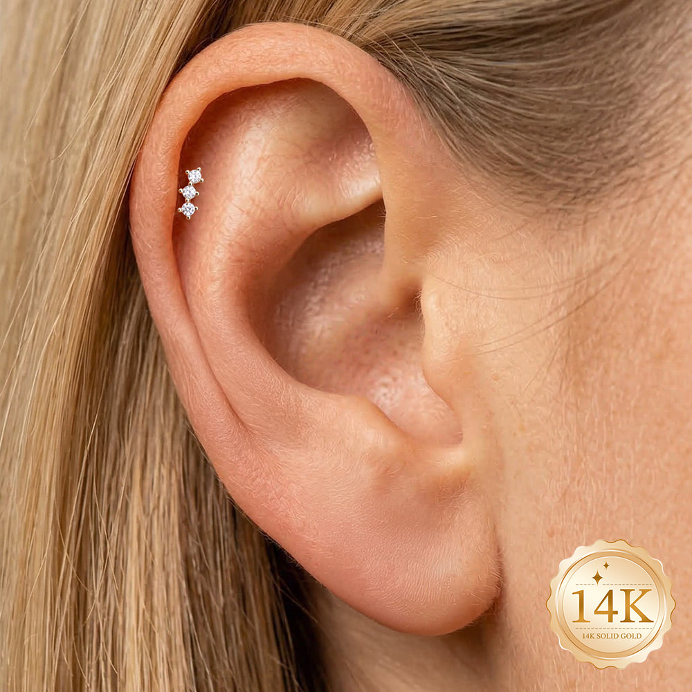 14K Gold Classic Triple Linear CZ Titanium Internally Threaded Flat Back Cartilage Stud | Hypoallergenic Piercing Jewelry