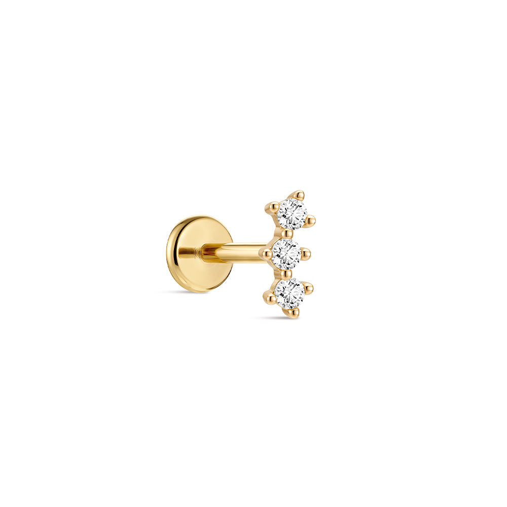 14K Gold Classic Triple Linear CZ Titanium Internally Threaded Flat Back Cartilage Stud | Hypoallergenic Piercing Jewelry