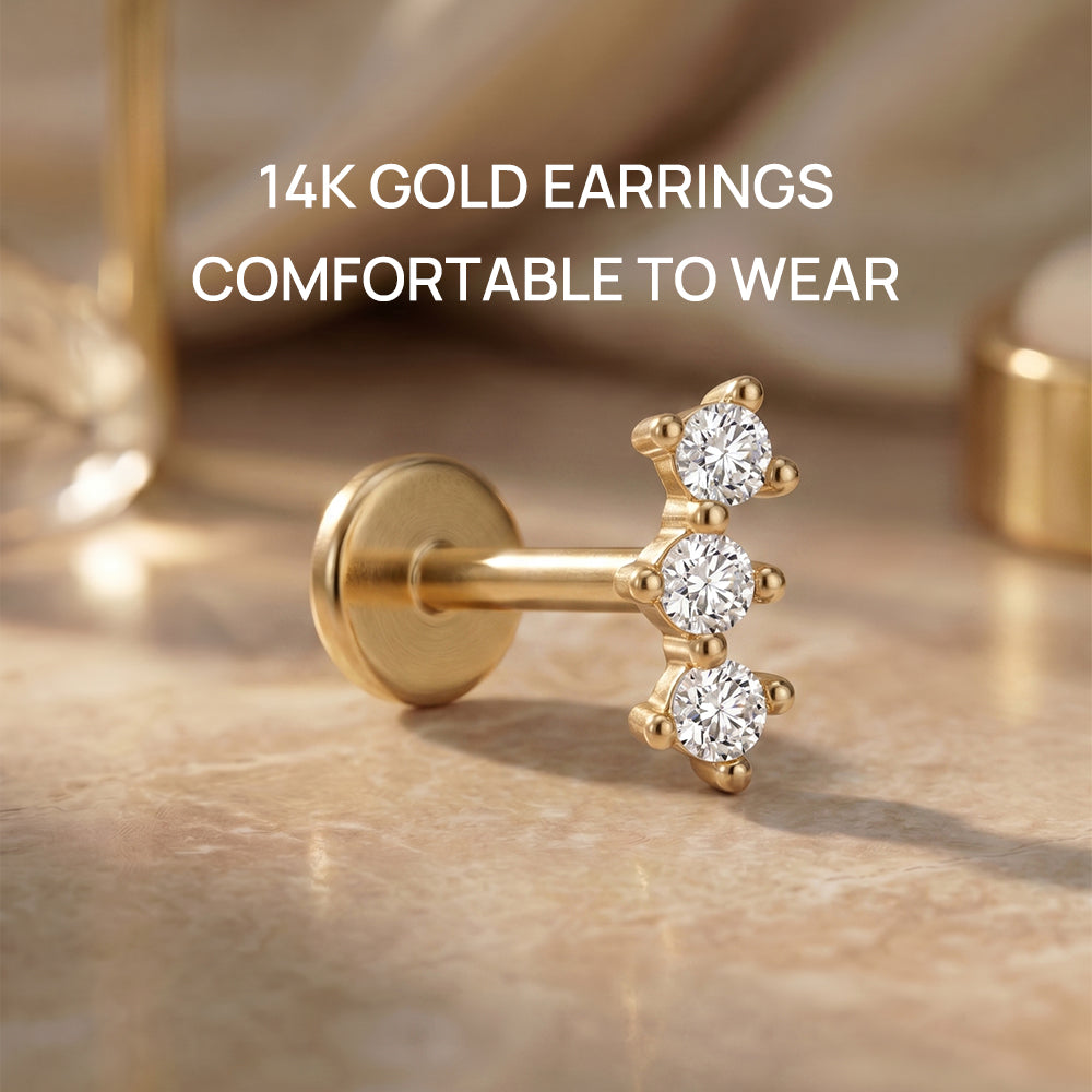 14K Gold Classic Triple Linear CZ Titanium Internally Threaded Flat Back Cartilage Stud | Hypoallergenic Piercing Jewelry