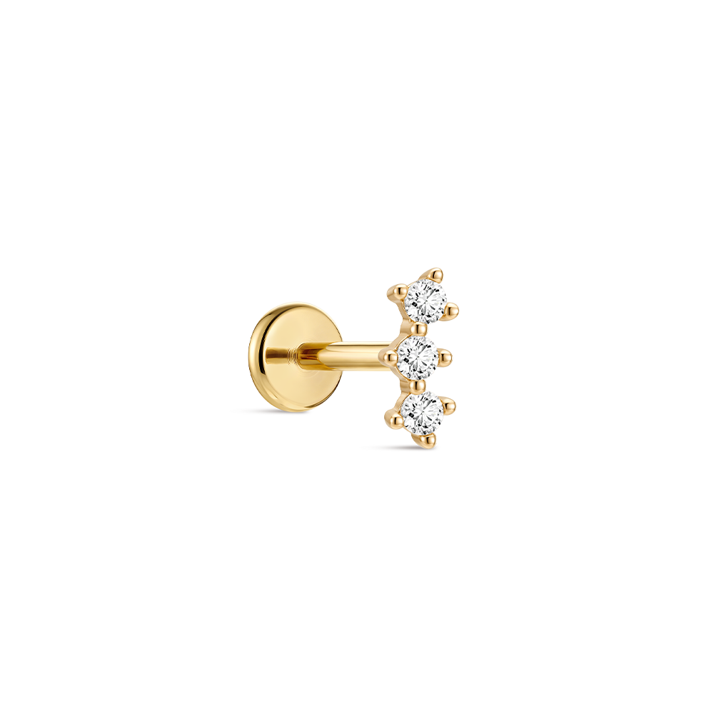 14K Gold Classic Triple Linear CZ Titanium Internally Threaded Flat Back Cartilage Stud | Hypoallergenic Piercing Jewelry