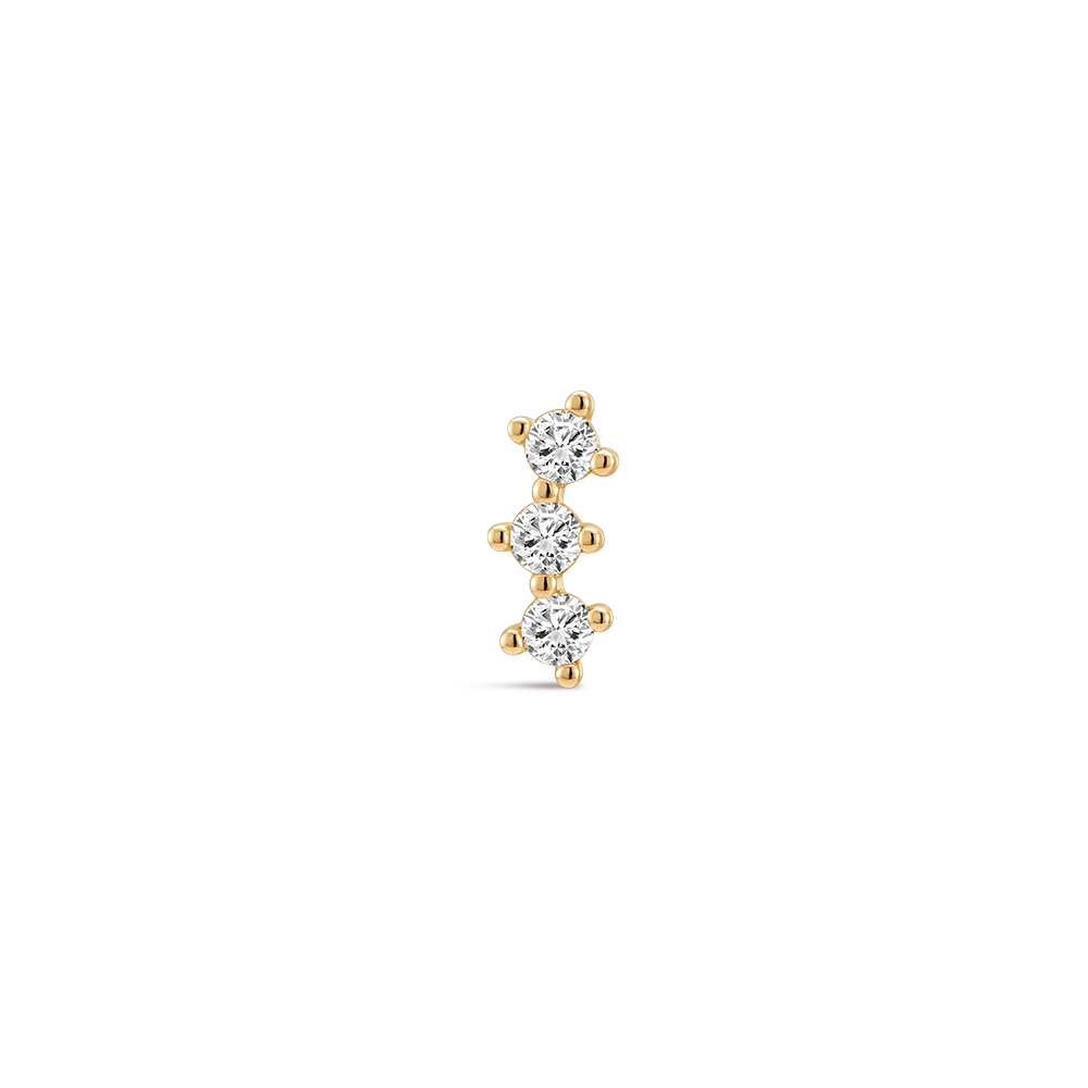 14K Gold Classic Triple Linear CZ Titanium Internally Threaded Flat Back Cartilage Stud | Hypoallergenic Piercing Jewelry