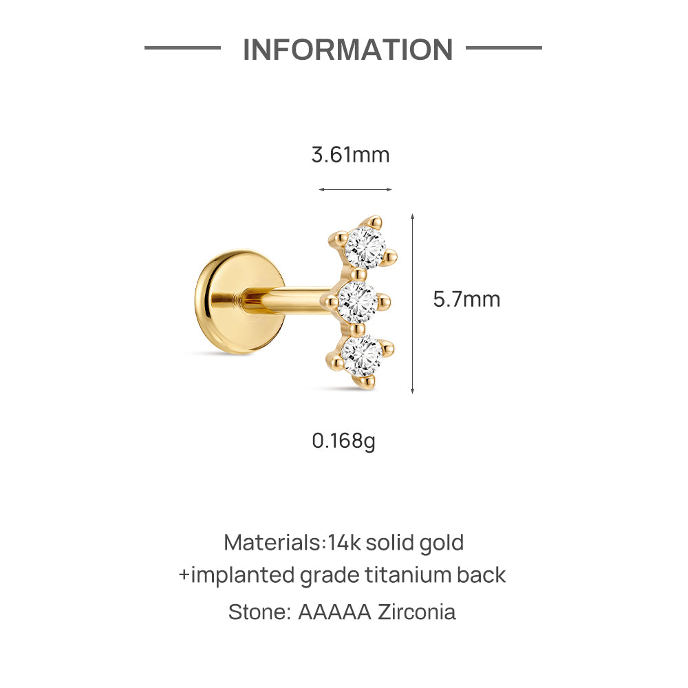 14K Gold Classic Triple Linear CZ Titanium Internally Threaded Flat Back Cartilage Stud | Hypoallergenic Piercing Jewelry