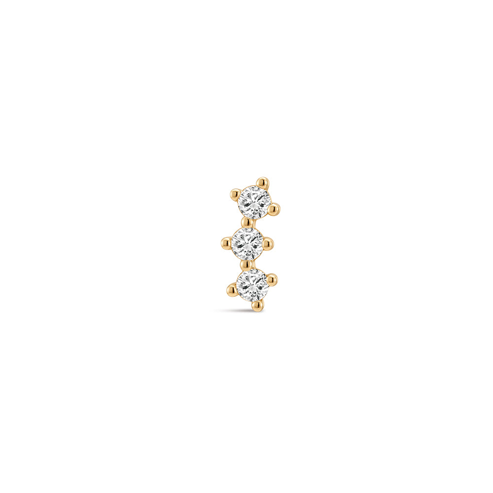 14K Gold Classic Triple Linear CZ Titanium Internally Threaded Flat Back Cartilage Stud | Hypoallergenic Piercing Jewelry