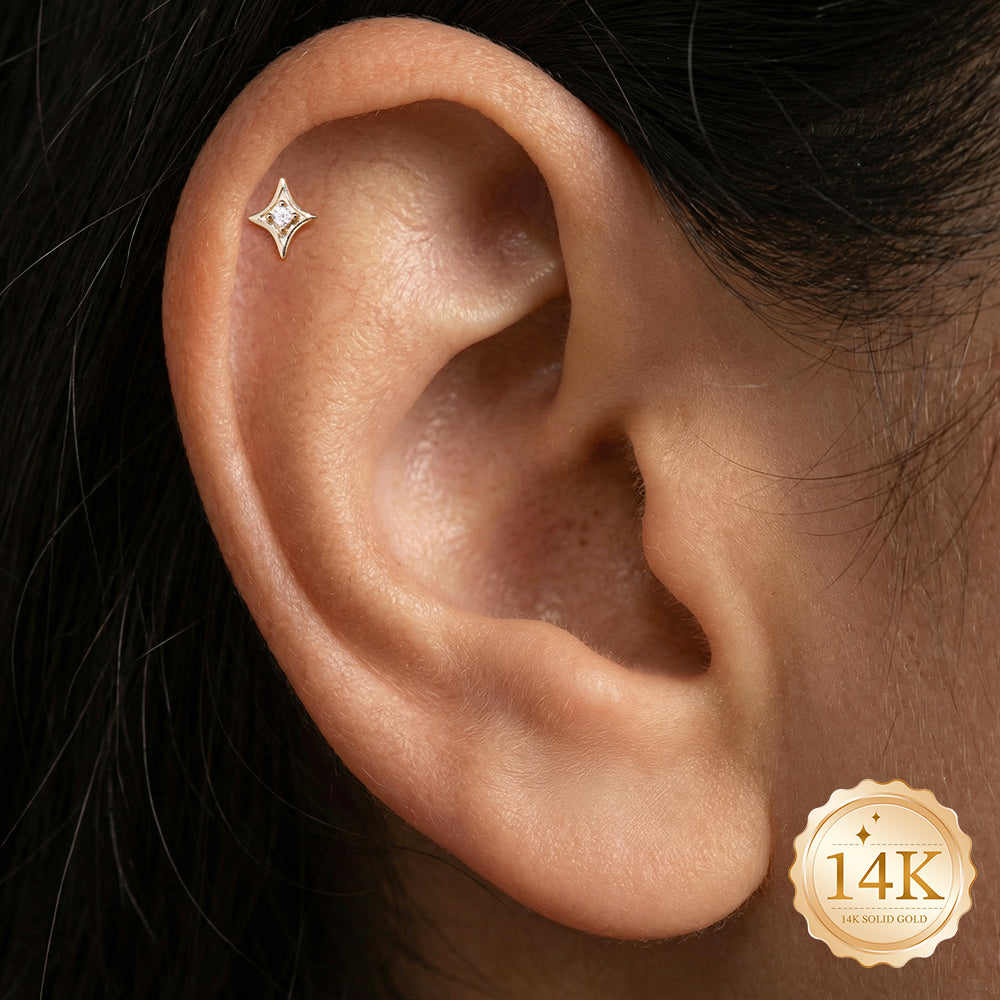 14K Gold Four-Pointed Star CZ Titanium Internally Threaded Flat Back Cartilage Stud | Hypoallergenic Piercing Jewelry