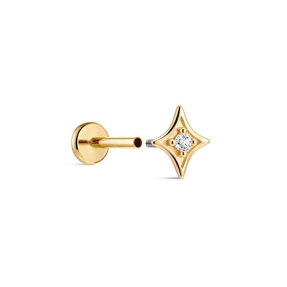 14K Gold Four-Pointed Star CZ Titanium Internally Threaded Flat Back Cartilage Stud | Hypoallergenic Piercing Jewelry