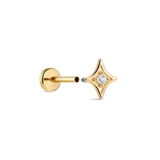 14K Gold Four-Pointed Star CZ Titanium Internally Threaded Flat Back Cartilage Stud | Hypoallergenic Piercing Jewelry