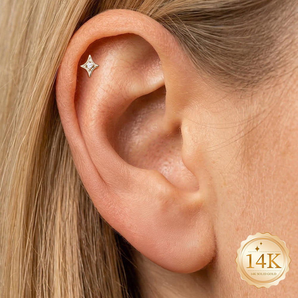 14K Gold Four-Pointed Star CZ Titanium Internally Threaded Flat Back Cartilage Stud | Hypoallergenic Piercing Jewelry
