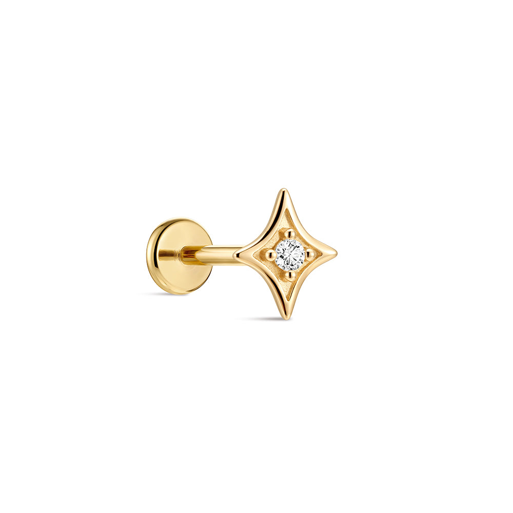 14K Gold Four-Pointed Star CZ Titanium Internally Threaded Flat Back Cartilage Stud | Hypoallergenic Piercing Jewelry