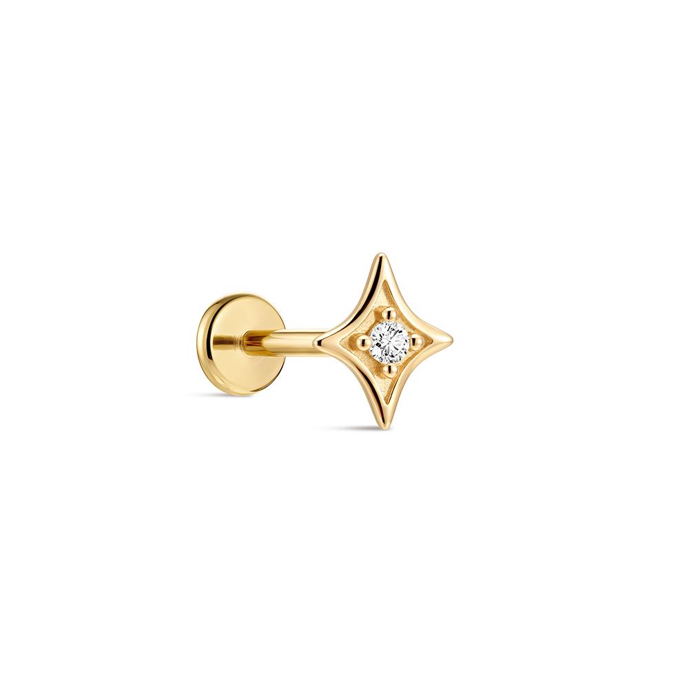 14K Gold Four-Pointed Star CZ Titanium Internally Threaded Flat Back Cartilage Stud | Hypoallergenic Piercing Jewelry