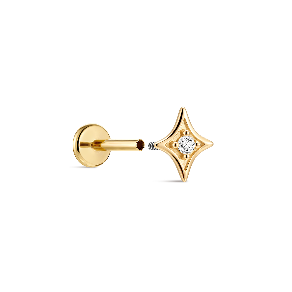 14K Gold Four-Pointed Star CZ Titanium Internally Threaded Flat Back Cartilage Stud | Hypoallergenic Piercing Jewelry