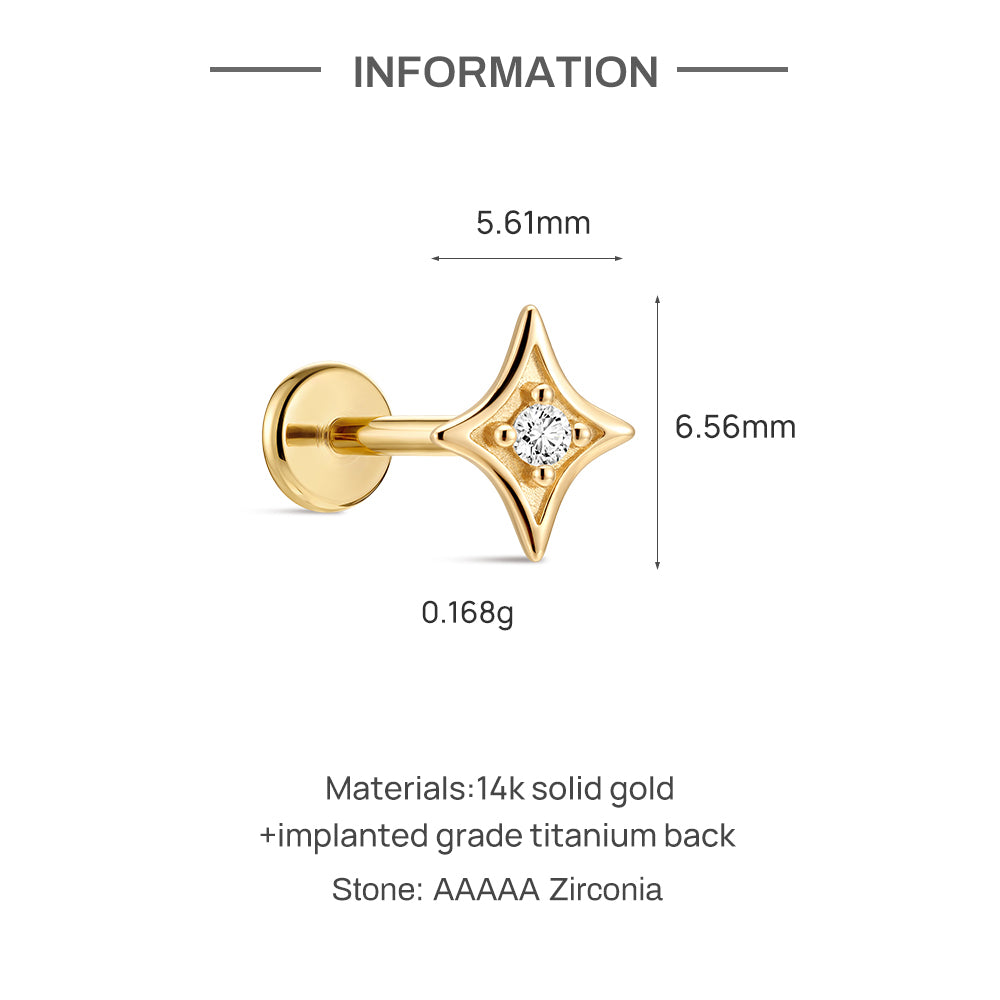 14K Gold Four-Pointed Star CZ Titanium Internally Threaded Flat Back Cartilage Stud | Hypoallergenic Piercing Jewelry