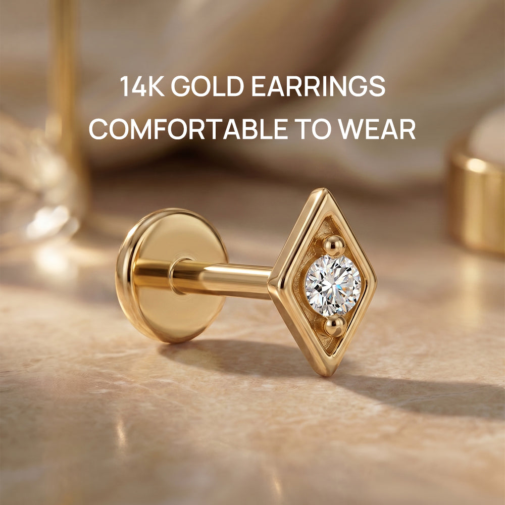 14K Gold Minimalist Geometric Diamond CZ Titanium Internally Threaded Flat Back Cartilage Stud | Hypoallergenic Piercing Jewelry