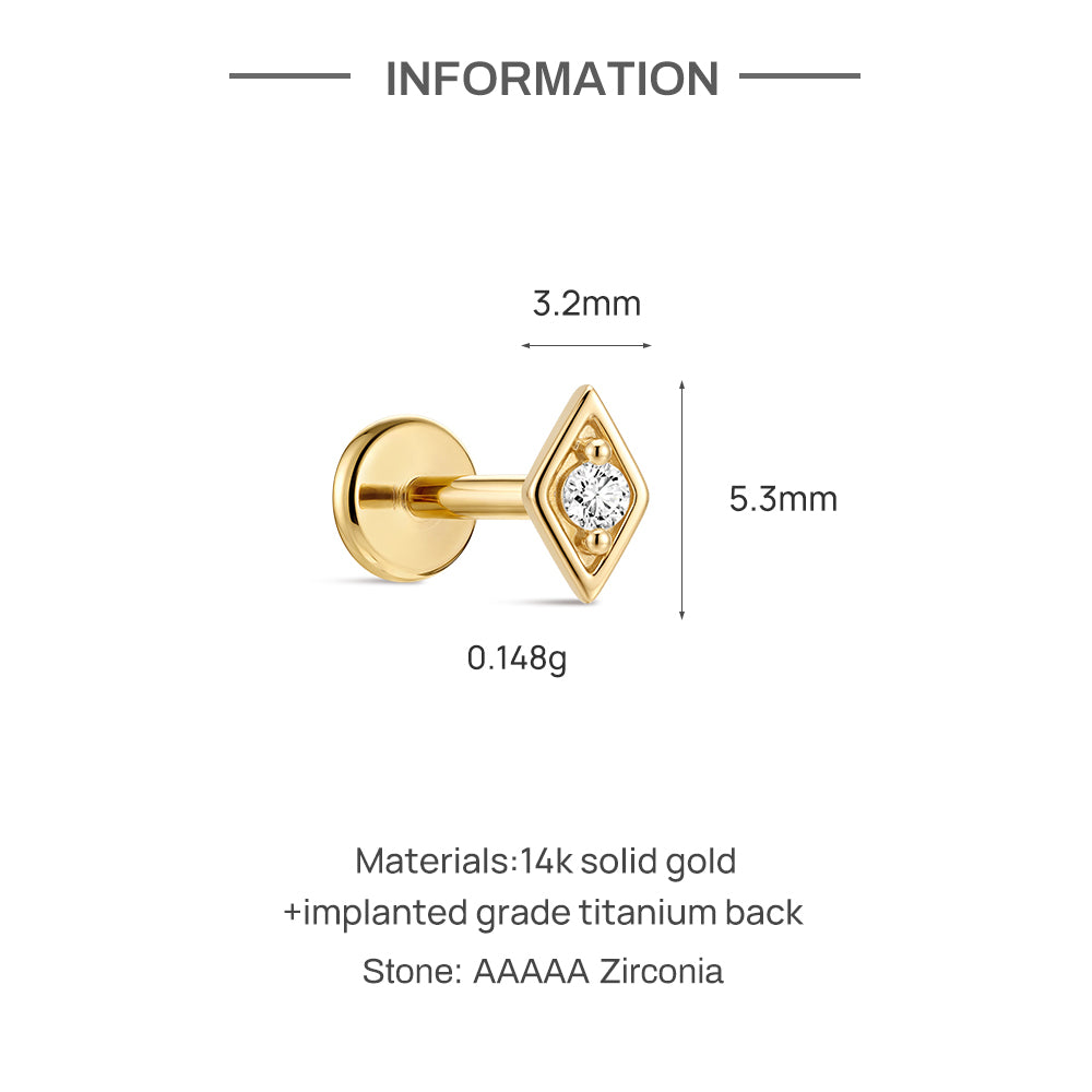 14K Gold Minimalist Geometric Diamond CZ Titanium Internally Threaded Flat Back Cartilage Stud | Hypoallergenic Piercing Jewelry