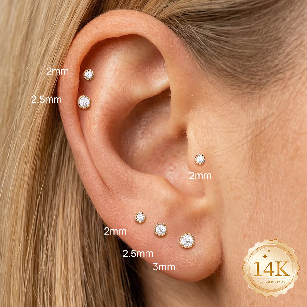 14K Gold Classic Single CZ Titanium Internally Threaded Flat Back Cartilage Stud | Hypoallergenic Piercing Jewelry