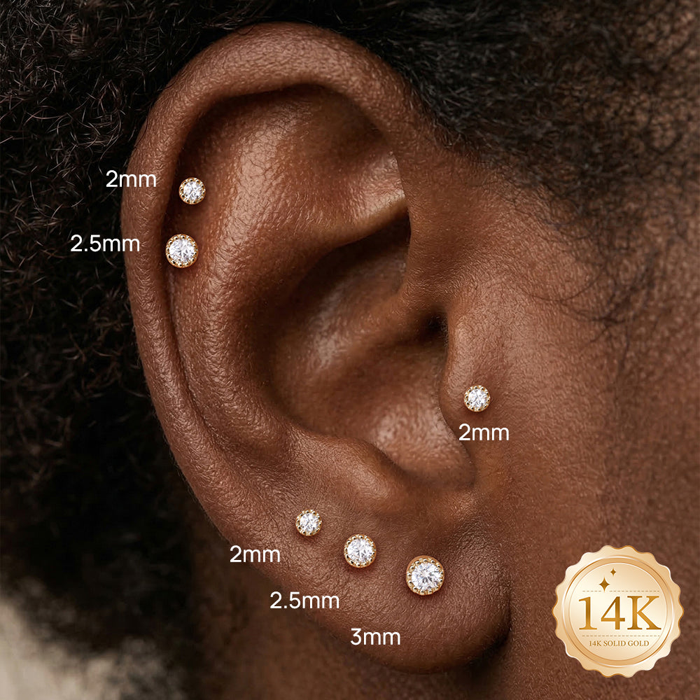 14K Gold Classic Single CZ Titanium Internally Threaded Flat Back Cartilage Stud | Hypoallergenic Piercing Jewelry