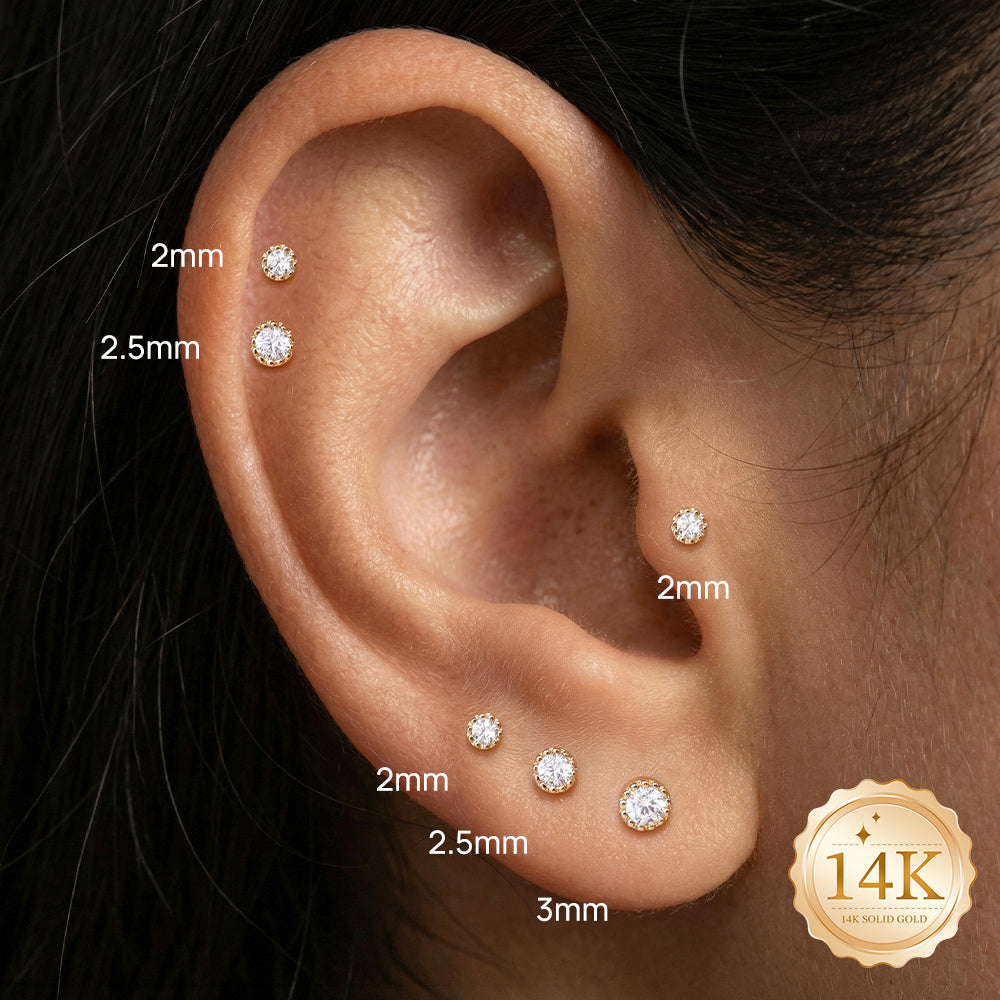 14K Gold Classic Single CZ Titanium Internally Threaded Flat Back Cartilage Stud | Hypoallergenic Piercing Jewelry