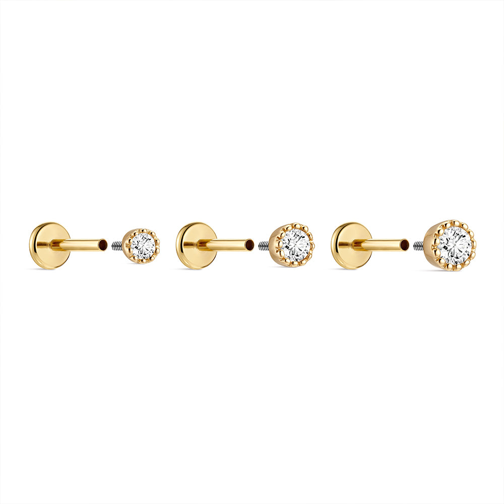 14K Gold Classic Single CZ Titanium Internally Threaded Flat Back Cartilage Stud | Hypoallergenic Piercing Jewelry